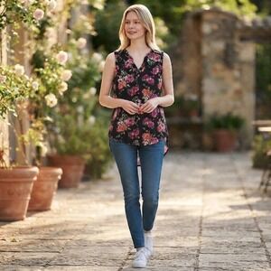 Maurices Womens 2X Black Pink Floral Ikat Sleeveless Split Neck Blouse Top